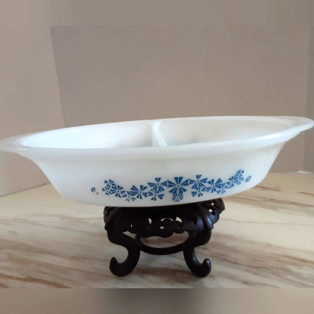 GLASBAKE Blue Snowflake Pattern Oval Opal Milk Glass Double Sided Dish-VTG J-239